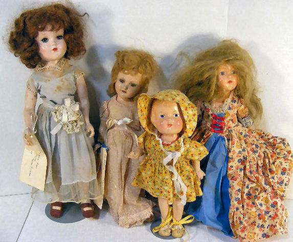 Lot of 4 dolls, Arranbee Nanette 17", Mme. Alexande: Lot of 4 dolls, Arranbee Nanette 17", Mme. Alexander Sonia Henie, Effanbee Anne - Shirley & 11" Arranbee with crazed legs, soiling on each