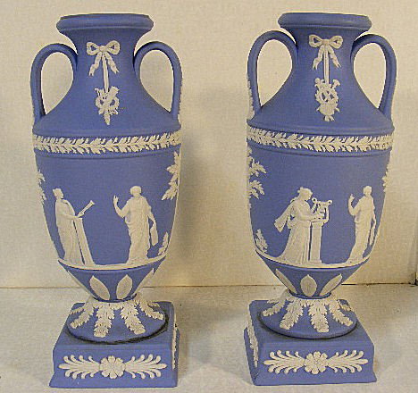 Wedgwood Jasperware light blue pair of urns, Made i: Wedgwood Jasperware light blue pair of urns, Made in England, 8.7" high, bolted sections