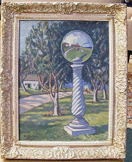 Frederick Detwiller oil painting on canvas panel "E: Frederick Detwiller oil painting on canvas panel "Enders Isle, Mystic, Ct. 1933" landscape with gazing ball, 12" X 16"