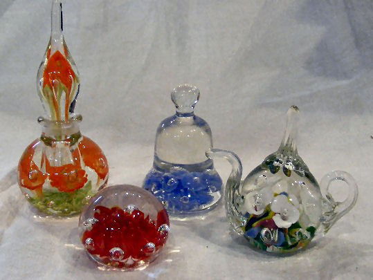 3 Bob & Maude St. Clair paperweights and 7" cologne: 3 Bob & Maude St. Clair paperweights and 7" cologne bottle