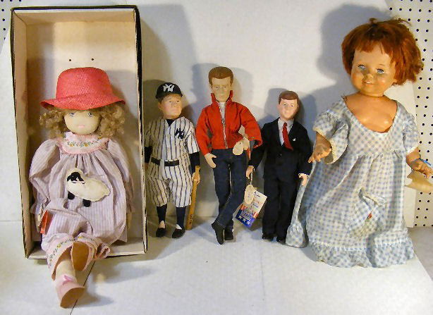 Lot of 5 dolls, Effanbee Babe Ruth & JFK, Dakin Ja: Lot of 5 dolls, Effanbee Babe Ruth & JFK, Dakin James Dean, 22" Pauline doll and Ideal doll 1972 soiled