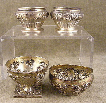 Lot of 3 Gorham and 1 Caldwell sterling silver sal: Lot of 3 Gorham and 1 Caldwell sterling silver salt cellars, two matching, no liners, lower two in first photo, monogrammed with "D". 5.5 troy oz.