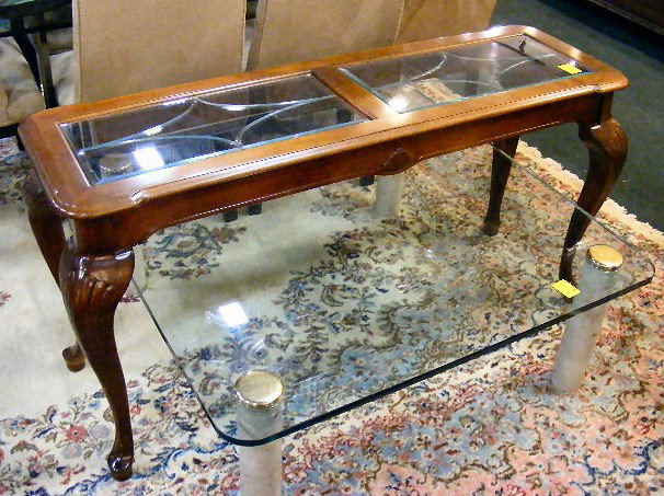 Maple sofa table w/ beveled glass inserts. 28" tal: Maple sofa table w/ beveled glass inserts. 28" tall x 53" across.