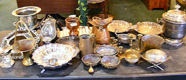Sliverplate lot, some brass pieces, Victorian butt: Sliverplate lot, some brass pieces, Victorian butter dish, ice bucket, wine cooler, graveboat, etc.
