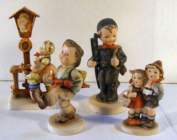 Lot of 4 Crown Mark era Hummel figurines, 2 damaged,: Lot of 4 Crown Mark era Hummel figurines, 2 damaged, 6.75" Adoration broken post glued, Chimney Sweep broken & glued at ankles, ladder & neck, chips, Surprise # 94 3/0 no damage, some crazing, Globe T