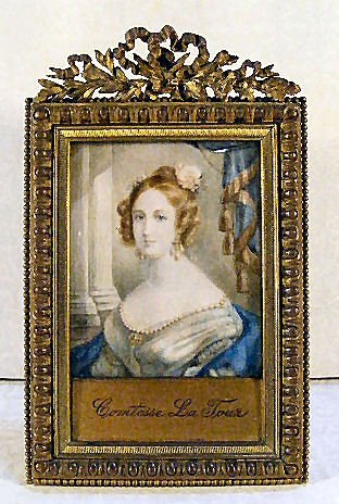 Painting on ivory, portrait of Comtesse La Tour, ar: Painting on ivory, portrait of Comtesse La Tour, artist signed Duboy ? In French frame, image measures 2.5" X 3"