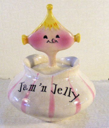 Holt Howard 1958 Pixieware Jam 'n Jelly jar, craze: Holt Howard 1958 Pixieware Jam 'n Jelly jar, crazed, some staining on bowl