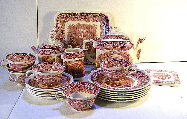 Large lot of Mason's Vista ironstone, 9.5" tray, t: Large lot of Mason's Vista ironstone, 9.5" tray, teapot, trivet, creamer & sugar, 6 - 8" plates, 6 cups & saucers, crazing, excellent condition.