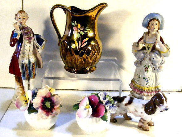 Lot of misc. B&G 2172 Springer Spaniel, Royal Crow: Lot of misc. B&G 2172 Springer Spaniel, Royal Crown China flower pots, some damage, Wade copper luster & pr. Japan figurines, 8"