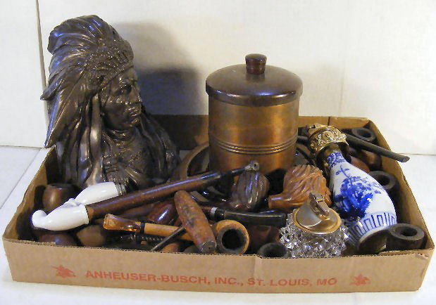 Large lot of tobacco pipes, humidor, corkscrews, I: Large lot of tobacco pipes, humidor, corkscrews, Indian bust, lighters