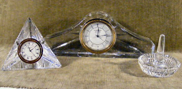 Lot of Waterford Crystal, 9" clock, ring dish and : Lot of Waterford Crystal, 9" clock, ring dish and pyramid shaped clock, 3.75" high