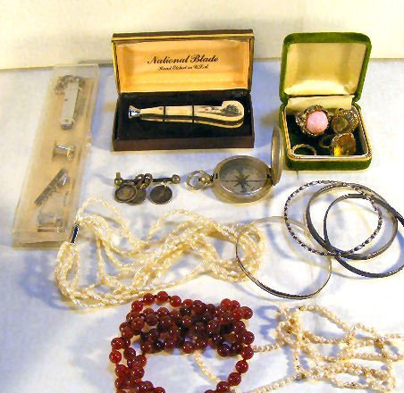 Mixed lot, costume jewelry, sterling bangles, bead: Mixed lot, costume jewelry, sterling bangles, beads, pearls, rings, pipe knife, U.S. compass.