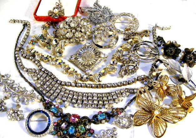 Rhinestone jewelry lot, Coro, Ciner, Sterling Napi: Rhinestone jewelry lot, Coro, Ciner, Sterling Napier butterfly set, Trifari, sterling pins, etc. Necklaces, earrings, pins. Some loose stones.