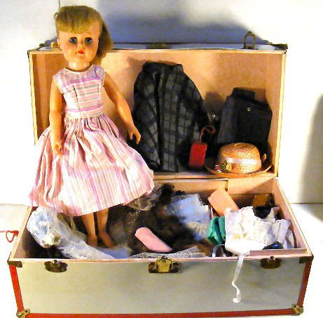 1960's era rubber head doll w/ trunks, clothing, a: 1960's era rubber head doll w/ trunks, clothing, accessories.