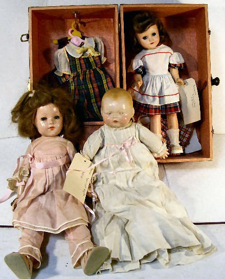 Lot of 3 dolls, Horsman Tynie 14" back of head cra: Lot of 3 dolls, Horsman Tynie 14" back of head crazed, 20" Effanbee Anne Shirley with repaired fingers and 17" Arranbee doll with auburn hair with some spotting on legs and metal case.