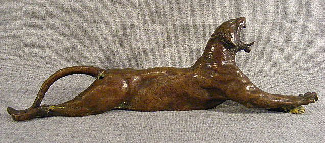 Bronze "Yawning Tiger" by Anna Hyatt Huntington,: Bronze "Yawning Tiger" by Anna Hyatt Huntington, 13" long, holes drilled on upper & lower right rear leg