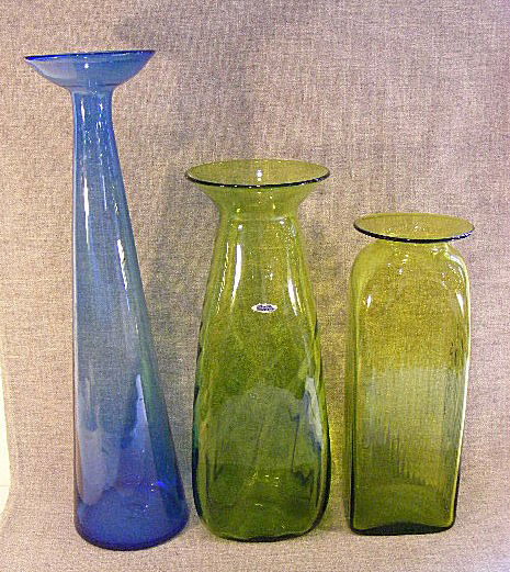 Blenko art glass vase (tallest green vase has Ble: Blenko art glass vase (tallest green vase has Blenko sticker), and 2 other Blenko style vases. Tall blue vase is 24.5". No chips or cracks.