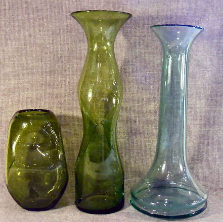 Blenko art glass vase (has stick), aqua and 2 gre: Blenko art glass vase (has stick), aqua and 2 green vases with the same style pontil mark. No chips or cracks. Tallest is 19.5".