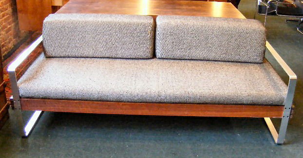 Danish modern daybed with a Lattoflex support. Wo: Danish modern daybed with a Lattoflex support. Wood frame with aluminum ends. 24" tall x 79" long x 37" deep. Pillows have tears in them, seat cushion is good.