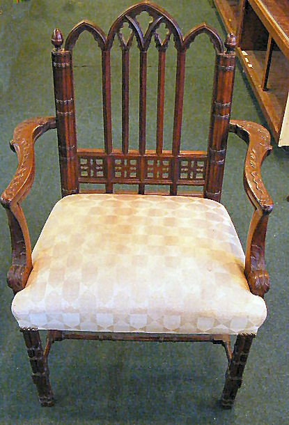 Unusual mahogany armchair with gothic & oriental: Unusual mahogany armchair with gothic & oriental influence, acorn finials, 41" high, 27.25" widest