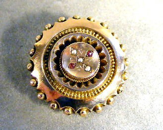 1860's era mourning pin / locket with 3 pearls & : 1860's era mourning pin / locket with 3 pearls & 2 red stones, lock of hair in back, few small holes on edge of bead work.