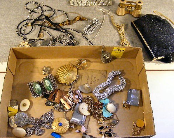 Jewlry lot, Rhinestones, Pratt & Whitney service : Jewlry lot, Rhinestones, Pratt & Whitney service pins, necklaces & bracelets, lighters, beaded purse & opera glasses.