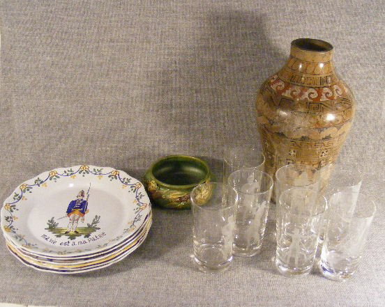 2 boxes of French faience plates, Redland Bay Pot: 2 boxes of French faience plates, Redland Bay Pottery bowl, etched Federal drinking glasses and Lopez pottery vase.