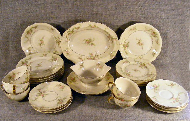 Theodore Haviland china, Rosalinde pattern, Cups : Theodore Haviland china, Rosalinde pattern, Cups & saucers, lunch plates, bread plates, 2 soup bowls & gravy boat.