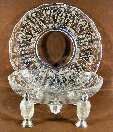 Cambridge glass 14" tray, 12" oval footed fruit bo: Cambridge glass 14" tray, 12" oval footed fruit bowl and salt & pepper shakers with sterling base and caps with some dents