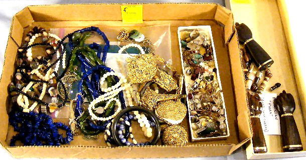 Lot of estate costume jewelry, base metal chatelai: Lot of estate costume jewelry, base metal chatelaine, beads, bracelets, pins, figas pendants, etc.