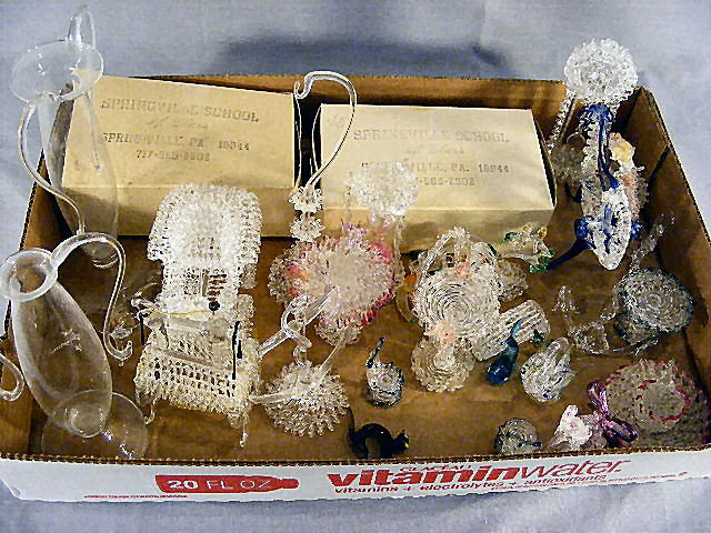 Lot of glass whimsies, sewing machines, spinning : Lot of glass whimsies, sewing machines, spinning wheel, anchors, vases, fountains, birdbath, fruit basket, auto, etc.