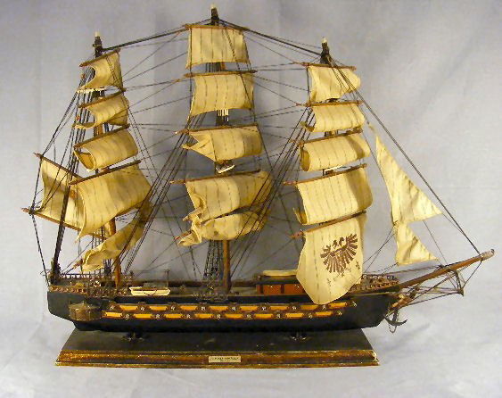 Model of Spanish sailing ship 1780, broken mast a: Model of Spanish sailing ship 1780, broken mast and minor damage, rigging and sails good, 32" long, 24" high