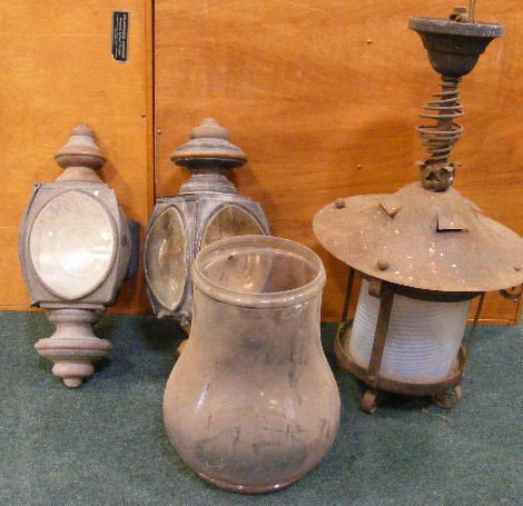 Lot misc. lighting, Dietz #3 barn lantern globe 1: Lot misc. lighting, Dietz #3 barn lantern globe 10.75", pr. carriage lanterns, original interiors 15", hanging tin light fixture with opalescent swirl hall lamp shade.