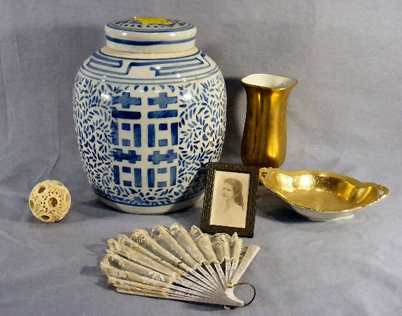 Misc. lot including 7 layer ivory puzzle ball, fa: Misc. lot including 7 layer ivory puzzle ball, fan, small frame, Pickard bowl & vase, Chinese ginger jar