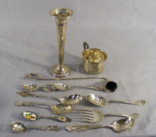 Lot of misc. sterling silver, baby cup, weighted : Lot of misc. sterling silver, baby cup, weighted vase, souvenir spoons - one enameled, candle snuffer, coin spoon, etc. some bent, 5.94 troy oz. sterling, not including weighted vase, coin spoon .63 t