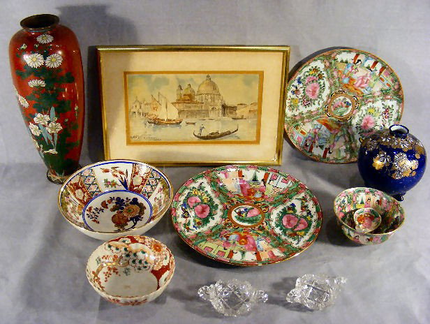 Watercolor of Venice 10"X 6", antique 9.25" rose : Watercolor of Venice 10"X 6", antique 9.25" rose medallion tray, old 12" cloisonne vase with enamel fractures, two cut glass salts and misc. oriental bowls, etc.