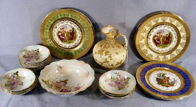 Schuman porcelain fruit set, bowl with 11 individ: Schuman porcelain fruit set, bowl with 11 individual bowls, porcelain ewer unmarked and 10.5" transfer decorated plates with gold wear on edges