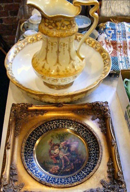 Carltons 10" Fantasia Ware fairy plate mounted in: Carltons 10" Fantasia Ware fairy plate mounted in wood frame and Alcock 14" pitcher & bowl set, bowl cracked.