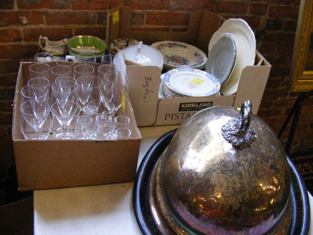 Silver plated turkey dome, stemware, tole tray, C: Silver plated turkey dome, stemware, tole tray, Chinese tureen, hand painted china, egg coddlers, etc.
