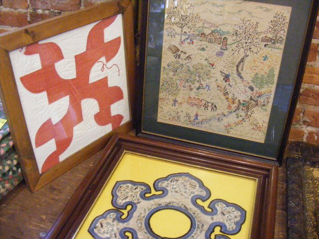 Chinese framed collar, quilt swatches, framed nee: Chinese framed collar, quilt swatches, framed needlework