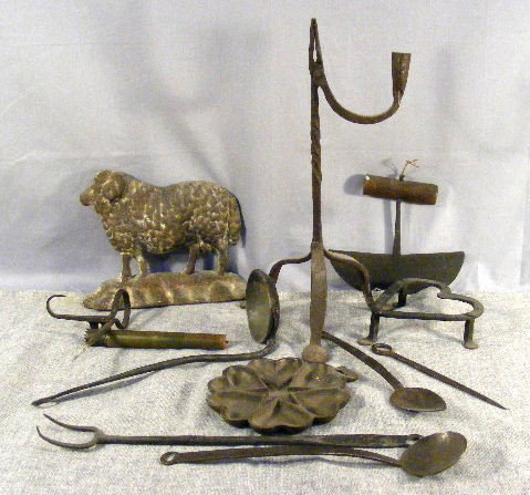 Lot of primitive iron, ram doorstop, heart food mo: Lot of primitive iron, ram doorstop, heart food mold & trivet, 15.5" 150rush light, sticking tommy, utensils
