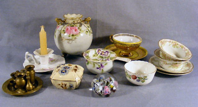 Misc. lot, Nippon vase & tea strainer & cup (chip : Misc. lot, Nippon vase & tea strainer & cup (chip on under edge of strainer), miniature brass, Limoges ramekins, Zsolnay box, paperweight, etc.