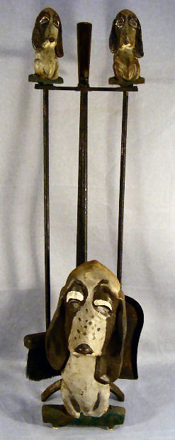Set of cast iron Hound fireplace tools, touch up t: Set of cast iron Hound fireplace tools, touch up to paint on hound on stand, 32.5" high