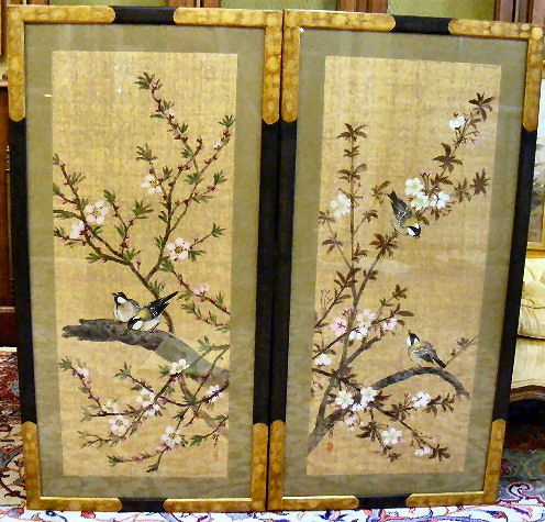 Two signed Oriental tempera paintings by She Get: Two signed Oriental tempera paintings by She Get Su, overall dimension 34" X 15.5"