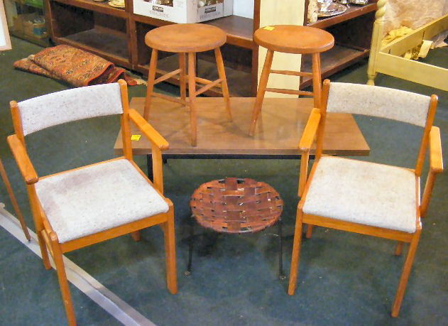 6 piece furniture lot, Knoll Formica top coffee t: 6 piece furniture lot, Knoll Formica top coffee table 22.5" X 45", two armchairs, two wood stools and leather strap stool with iron base