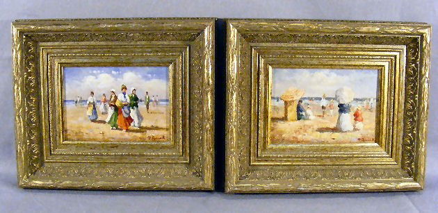 2 Paul Renard oil paintings on panel, beach scenes: 2 Paul Renard oil paintings on panel, beach scenes, 7" X 5"