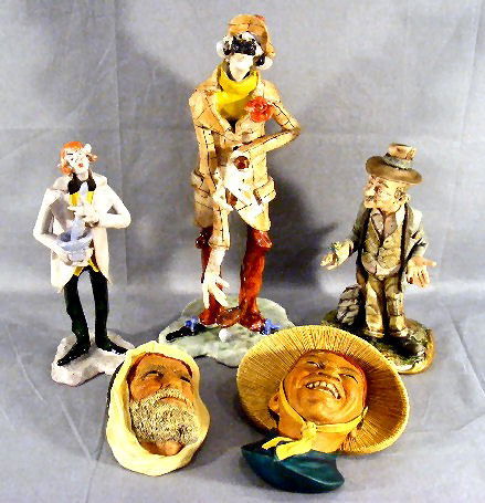 Lot of 3 Italian pottery figurines, Golfer 14" hi: Lot of 3 Italian pottery figurines, Golfer 14" high, Pharmacist, Tramp (broken finger) and 2 Bossons busts