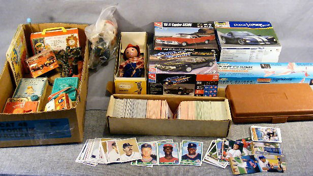 Lot of misc. toys, Score & Upper Deck baseball card: Lot of misc. toys, Score & Upper Deck baseball cards, 3 model car kits unassembled, artist supplies