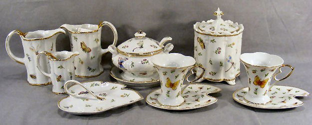 Lot of I. Godinger & Co. porcelain including 3 pit: Lot of I. Godinger & Co. porcelain including 3 pitchers, covered tureen, 2 cups & saucers, biscuit barrel and leaf shaped dish