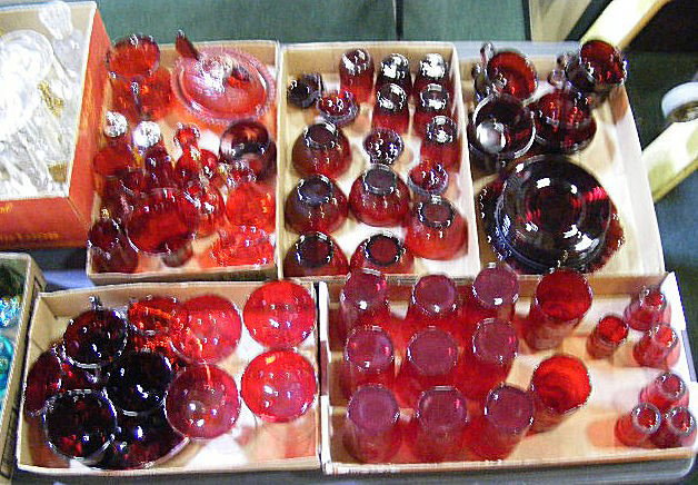 Large lot of red glass, Royal Ruby, stemware, hens: Large lot of red glass, Royal Ruby, stemware, hens on nest, tumblers, creamer & sugars, shakers, etc